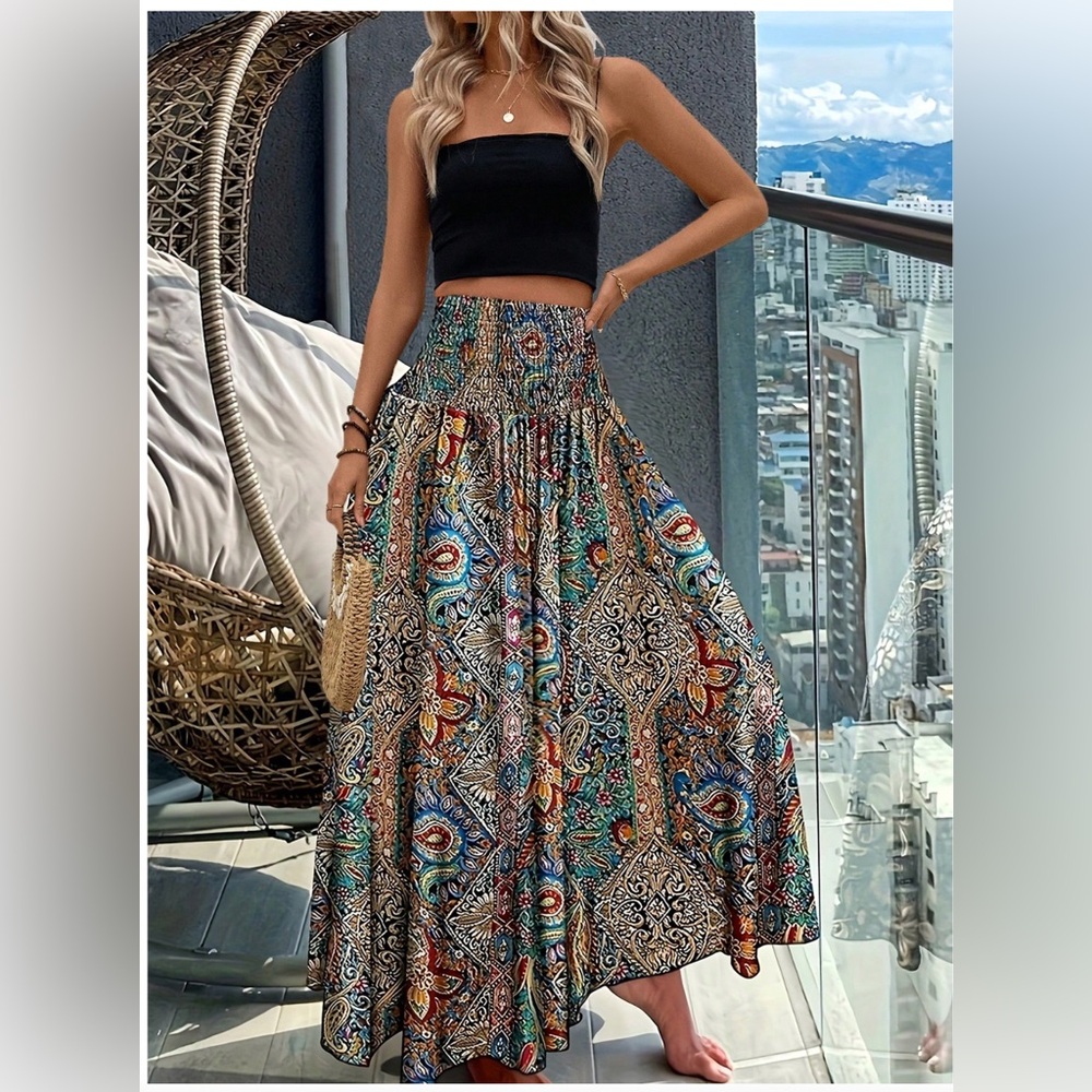 Shirred Waist Paisley Print Wide Leg Palazzo Pants - Picture 6 of 7